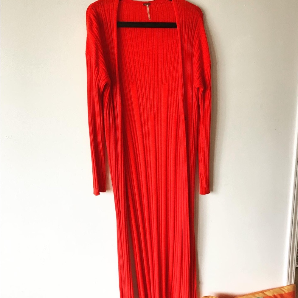 Free People Long Red Ribbed Open Cardigan